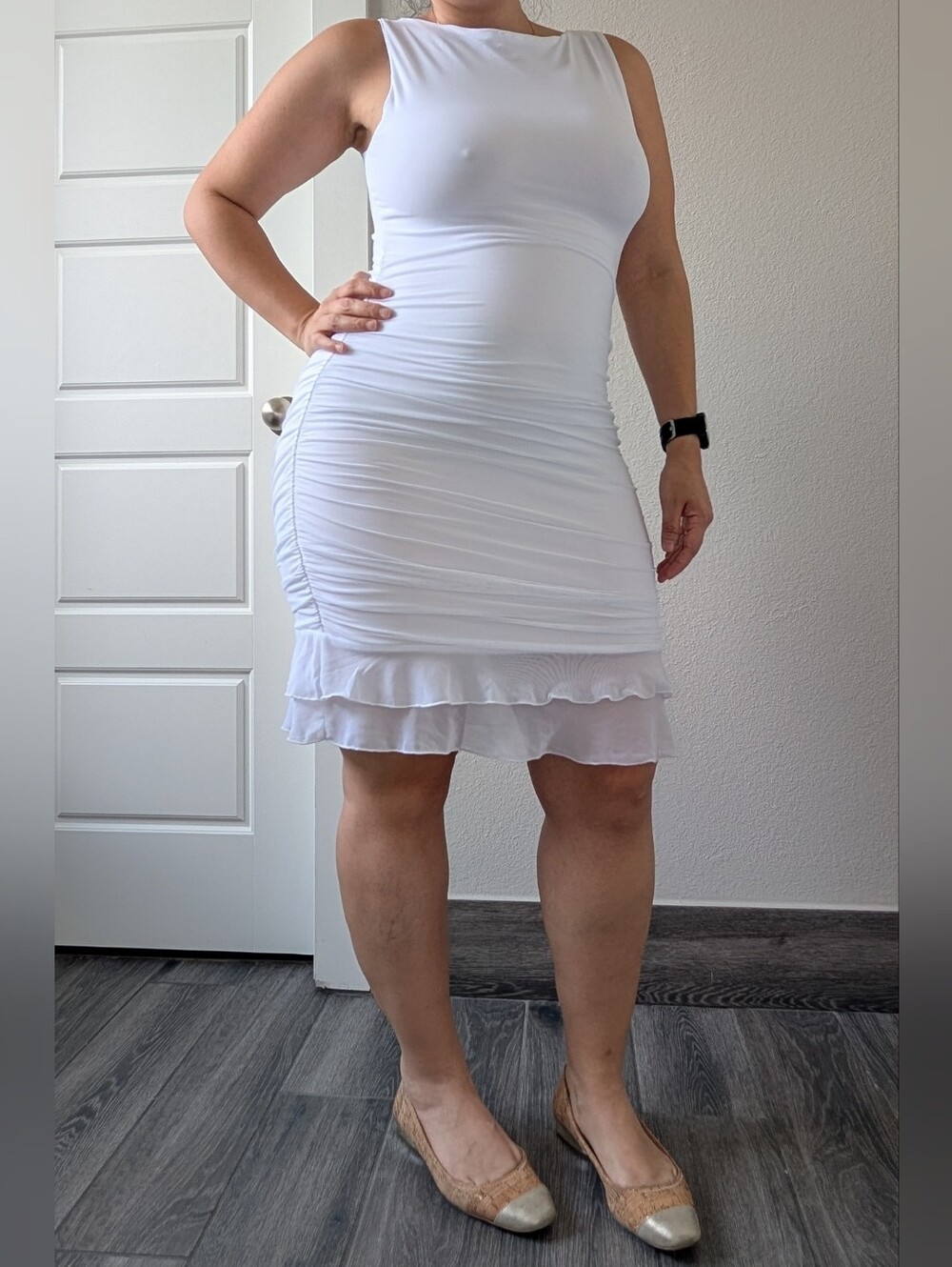 White Sleeveless Ruched Tank Dress - Unbranded - M